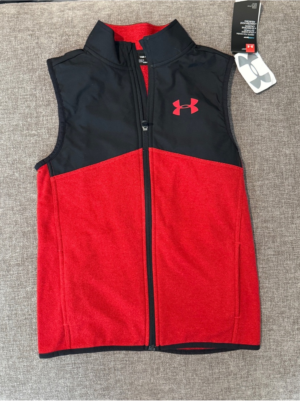 NWT Boys Under Armour Red and Black Fleece Vest with Zip